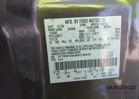 2006 Ford F-150 Xlt z USA, uszkodzony, nr VIN 1FTRW12W36KC39410